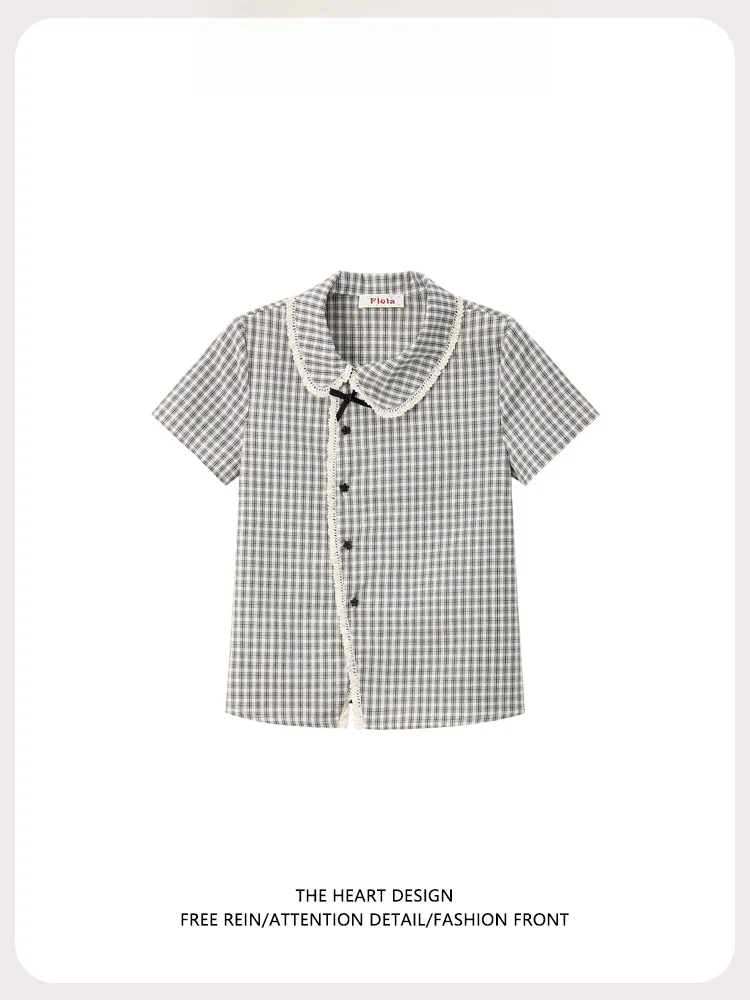 

Loose Lace Collar ort Sve Cardigan Women's irt Patchwork Design Summer Faion Korean Sle Pure Cotton Commute Sle