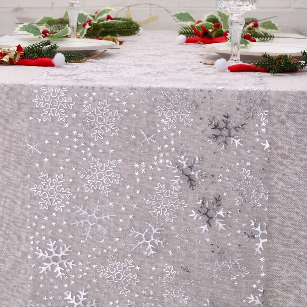 Modern Organza Table Runner Gold Silver Foil Snowflake Elk Motif Table Decor For Christmas Party Celebration