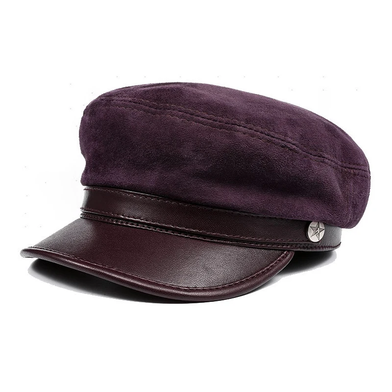 

Fall Winter Women's Sheepskin Hat Retro Casual Purple/Black Sheep Suede Female Flat Top Military Hat Real Leather Sun Hats