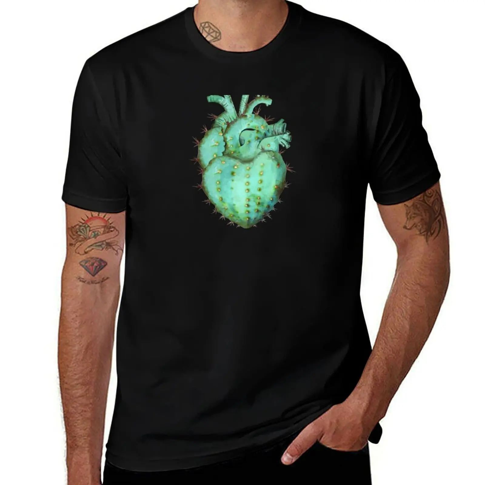 Human heart shaped cactus succulent plant with pink flower watercolor technique T-Shirt men t shirt cotton 100% T-Shirt