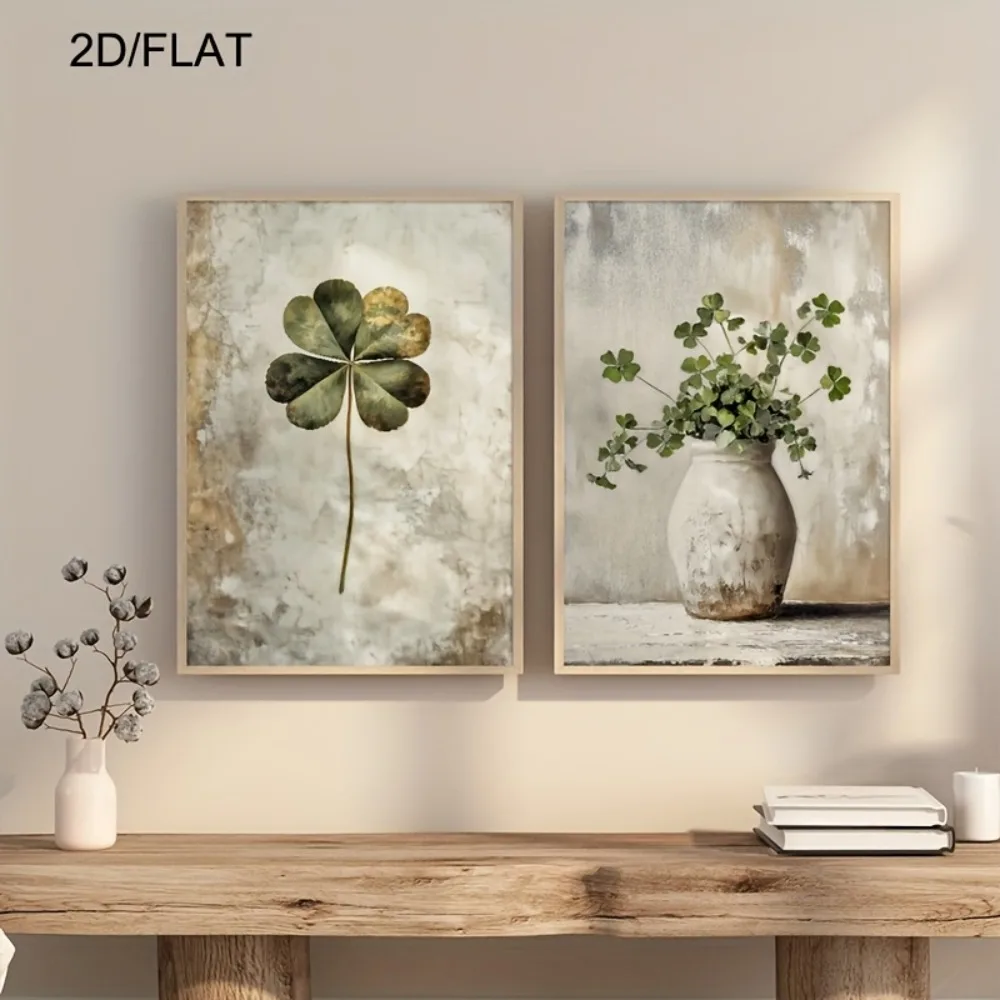 2D Plat,Retro Lucky Four-leaf Clover and Lucky Four-leaf Clover Board  Decor Painting,Still Life Plant Poster,Living Room Decor