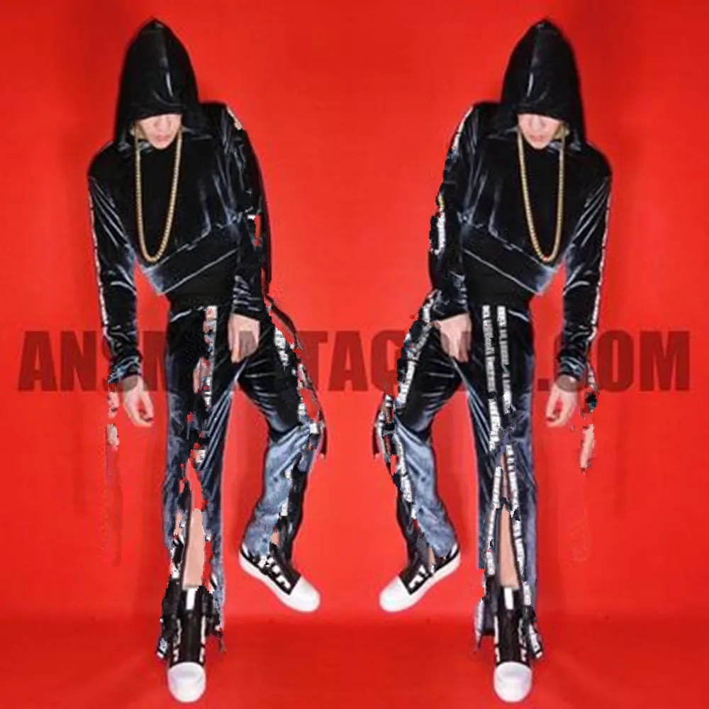 

Bar Night Club DJ Singer Fashion Rock Silver Grey Velvet Wide Leg Pants Sweater Men's Summer Leisure Performance Set