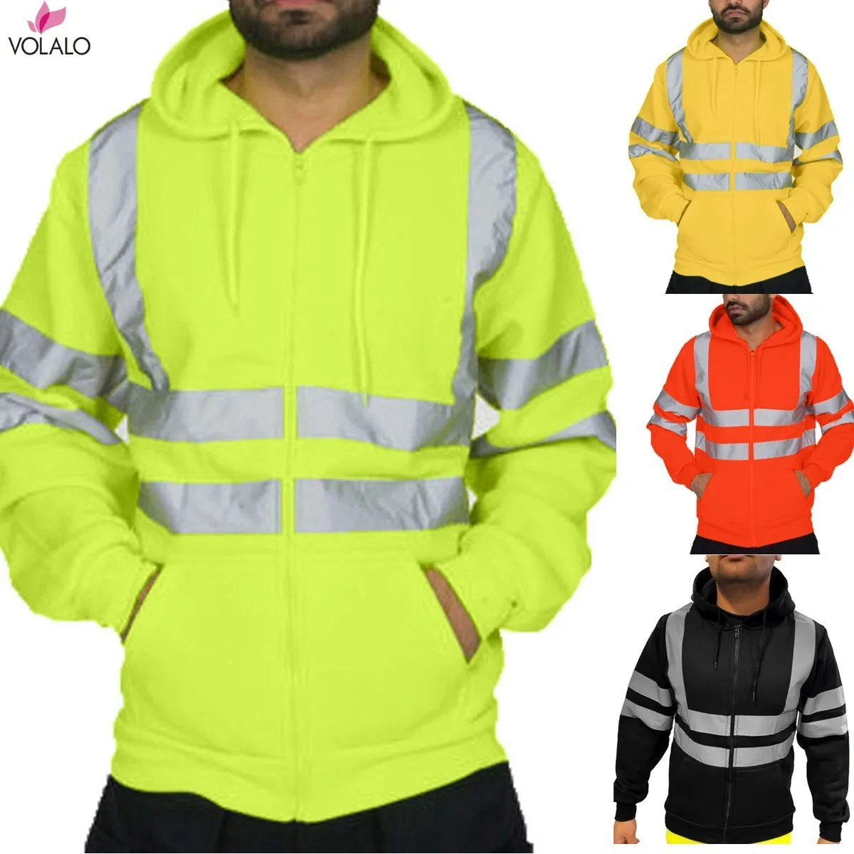 

VOLALO Men Women Workwear Coat Casual Safety Reflective Strip Hoodies Long Sleeve Jacket Unisex Fashion Hooded Zipper Outwear