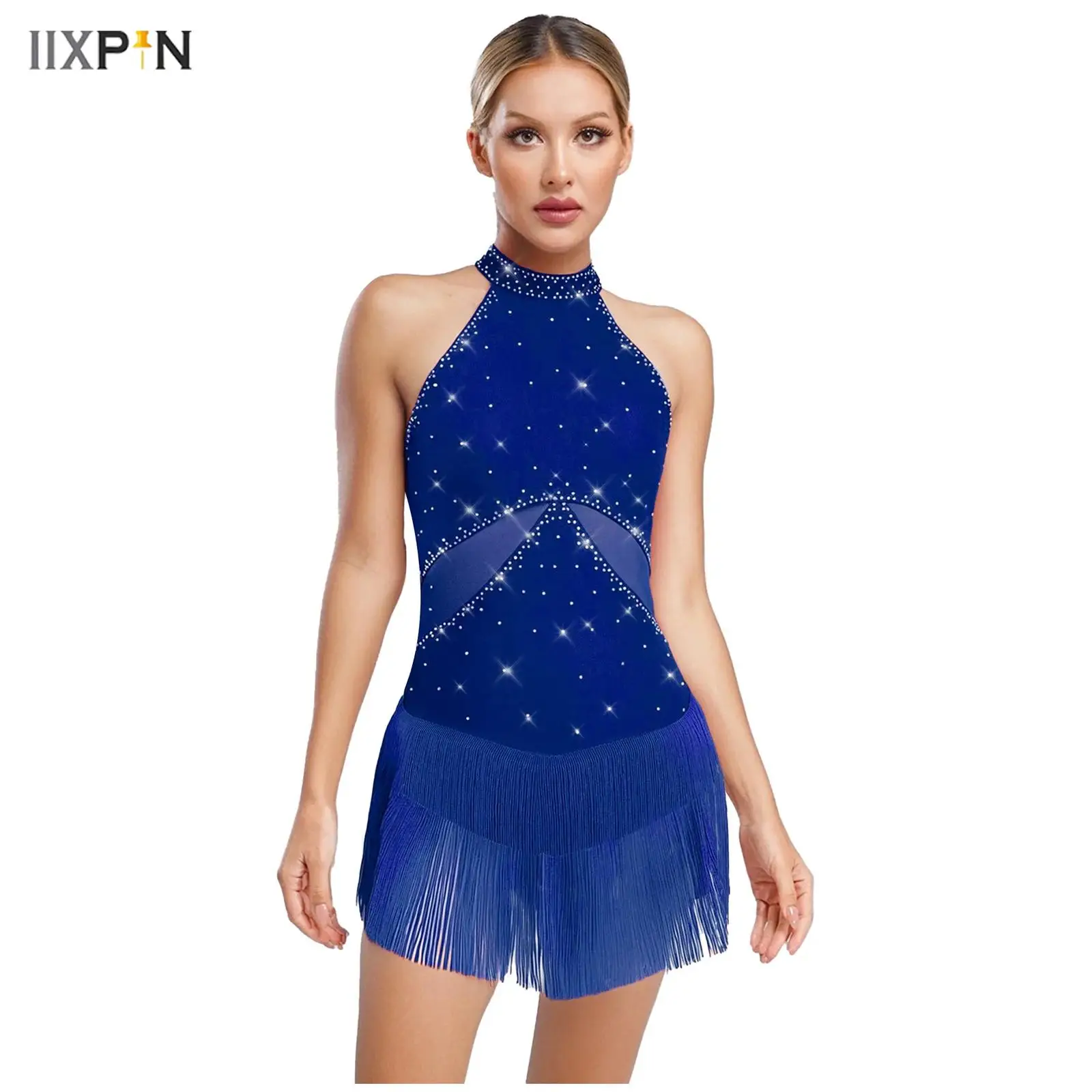 

Women Latin Chacha Dance Dress Sparkly Rhinestone Tassel Mesh Splice Back Hollow Out Bodysuit One Piece Leotard Dress Dancewear