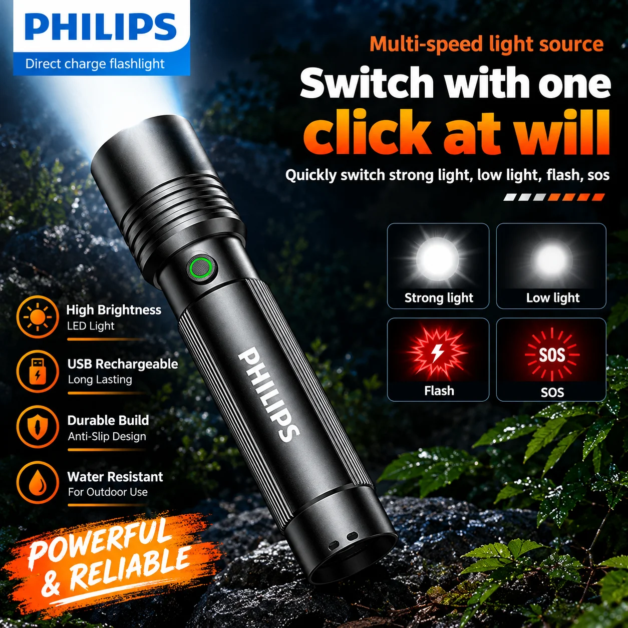 PHILIPS Portable LED Torch USB Rechargeable Flashlight 4 Light Modes Water Resistant for Hiking Camping Emergency Use