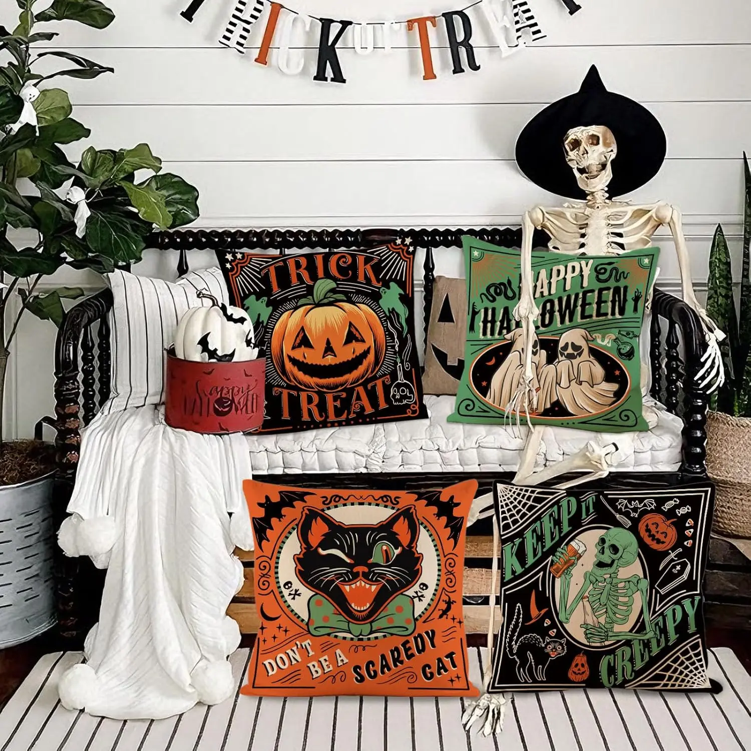Halloween Pillow Covers 18x18 Set of 4 Linen Vintage Spooky Halloween Decor