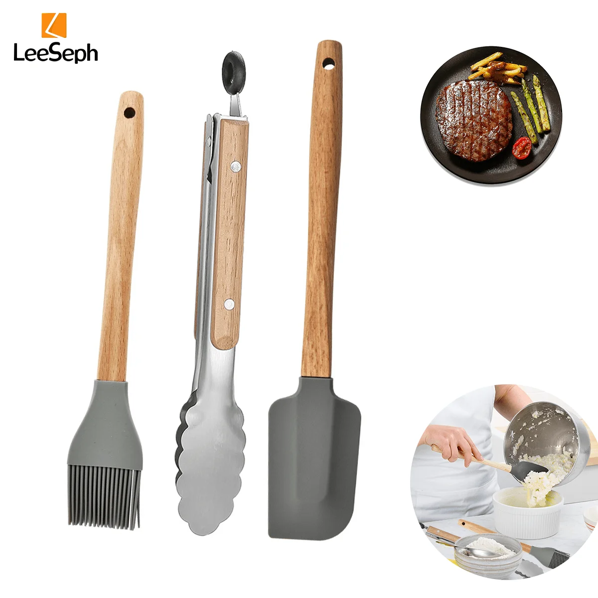 Stainless Steel Cooking Tongs with Silicone Spatula and Basting Brush set with Wood Handle, Grilling Accessories for Salad, BBQ