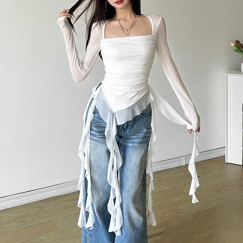 Ruffle Long Sleeve Sexy T-Shirts Fashion Women Y2K Irregular Asymmetrical Korean Crop Tops Casual Sheer Mesh Autumn Chic Tees
