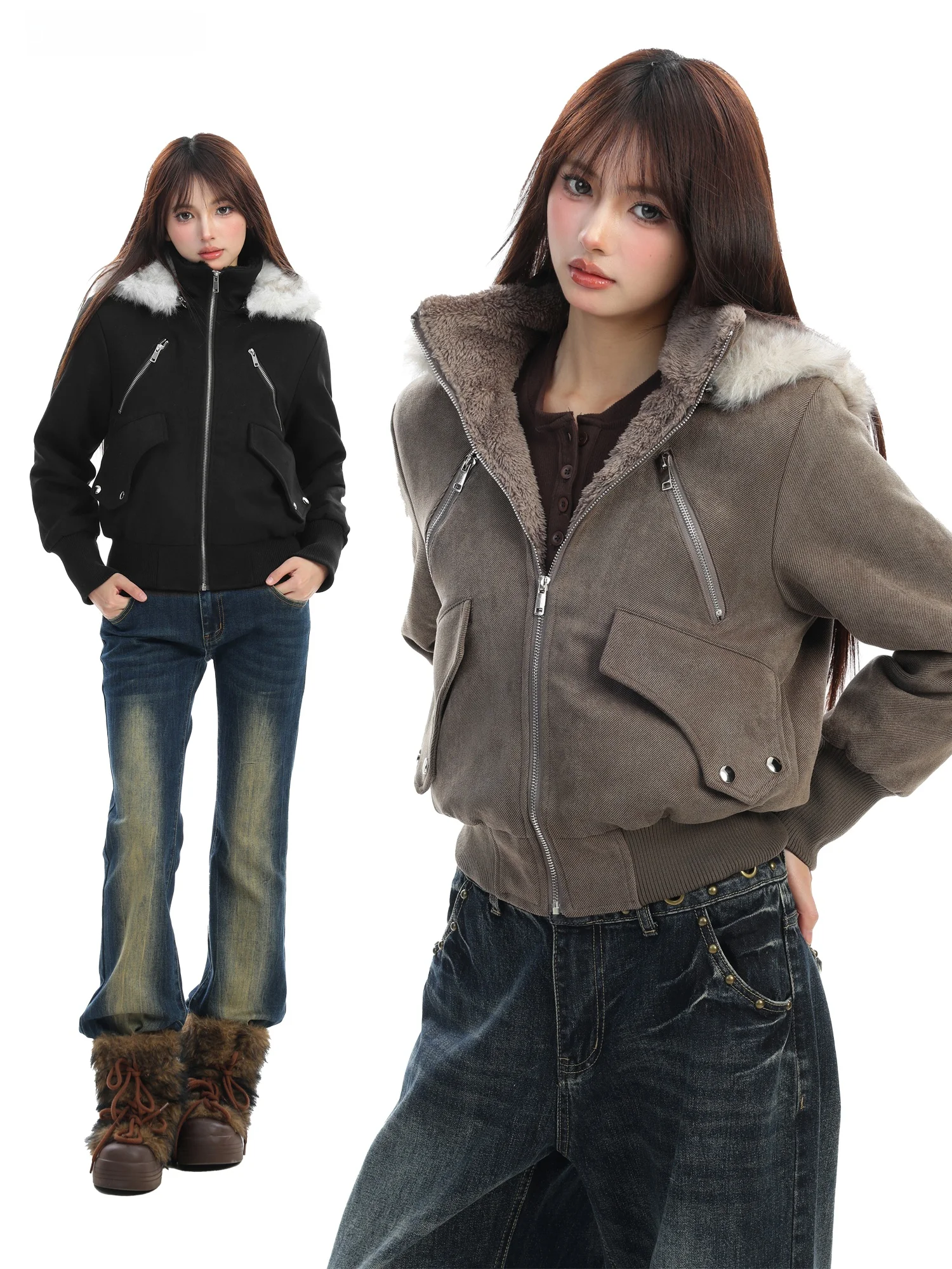 

American Sle Thiened Winter Cotton Jaet Women's Hooded Coat with Fur Collar ort Zipper Closure Warm Plu Inner