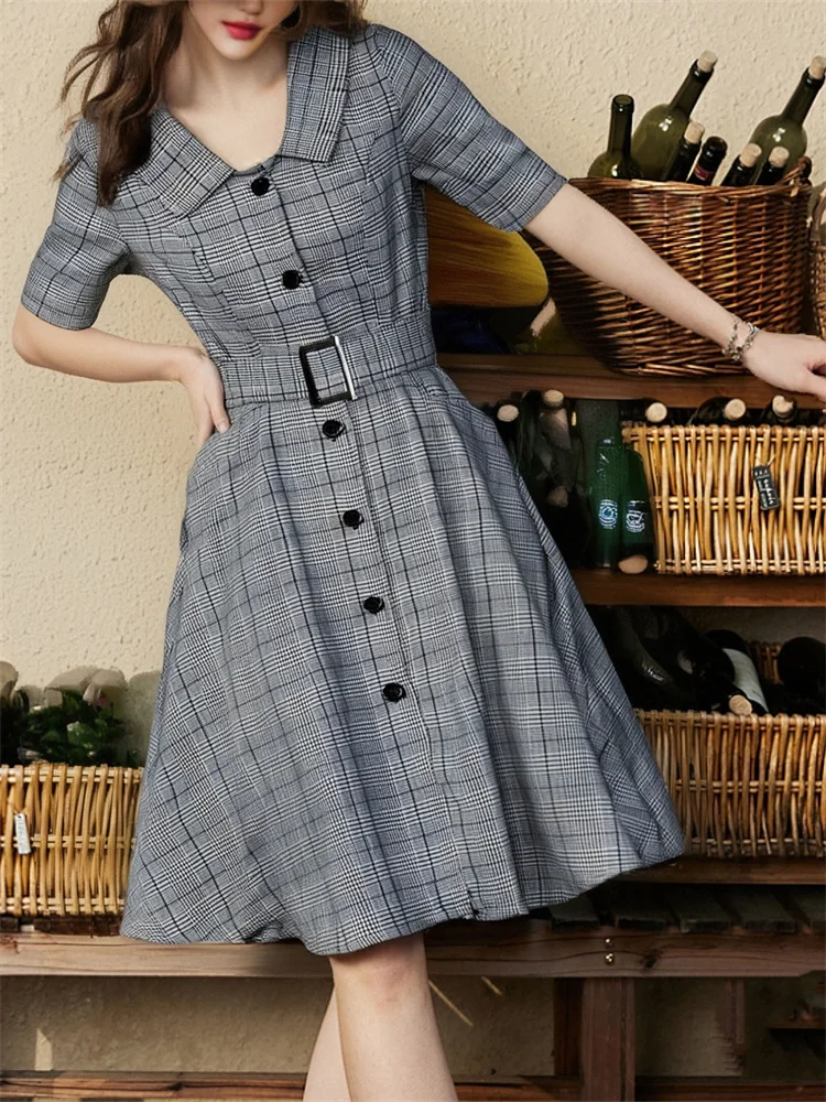 Sukienka damska w stylu retro Hepburn, jednorzędowa, z kieszenią, kołnierzykiem w stylu lat 50., szara koszula w kratę, sukienka biurowa codzienna.