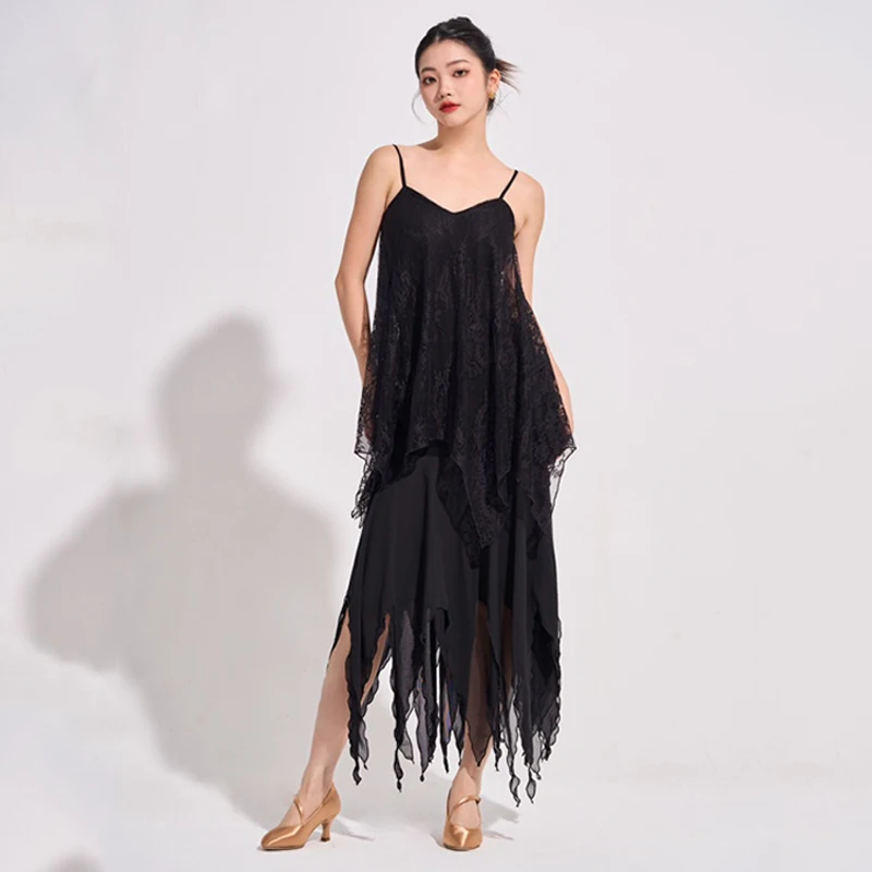 New Latin Ballroom Dance Clothes Women Black Tops Irregular Mesh Skirt Waltz Dancing Performance Costume Practice Wear  DNV24518