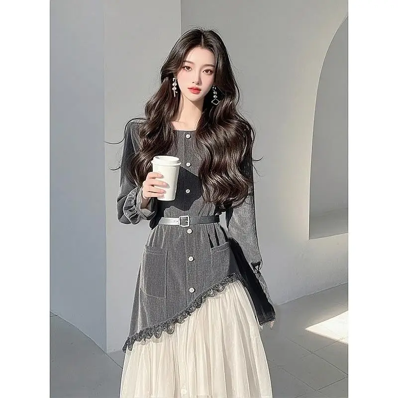 

Women's French Gray Stitching Round Neck Button Lace Stitching Fashion Dress for Children