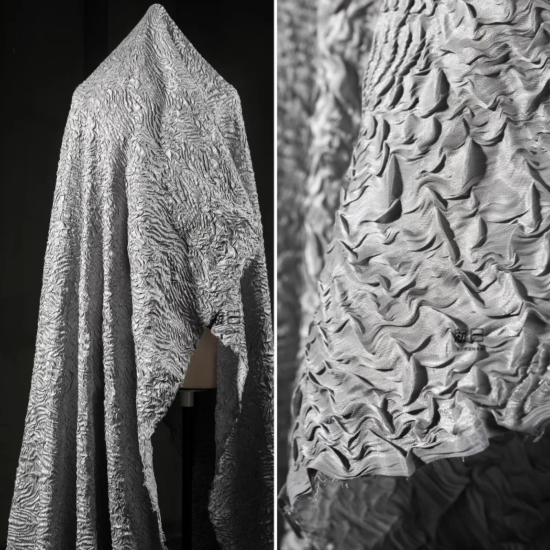 Light Gray Water Ripple Crepe Fabric Irregular Crushed Reflective Dress Shirt Windbreaker Wide Leg Pants Designer Sewing Cloth