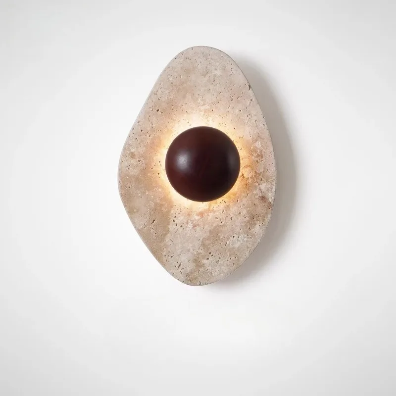 Nordic Wabi Sabi Travertine Wall Lamp Irregular Stone Ball LED Backlight Minimalist Japandi Bedroom Bedside Wall Sconce Art Lamp