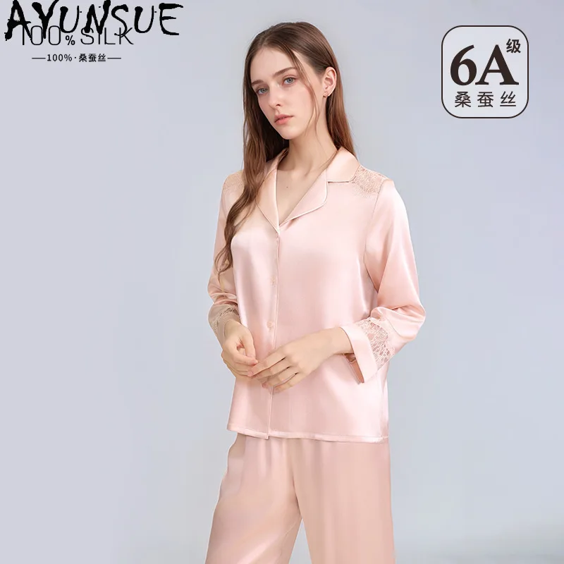 AYUNSUE 100% Silk Women's Pajamas Light Luxury Womens Matching Sets Long Sleeve Top Long Pants Woman Clothes Spring Pyjama Femme