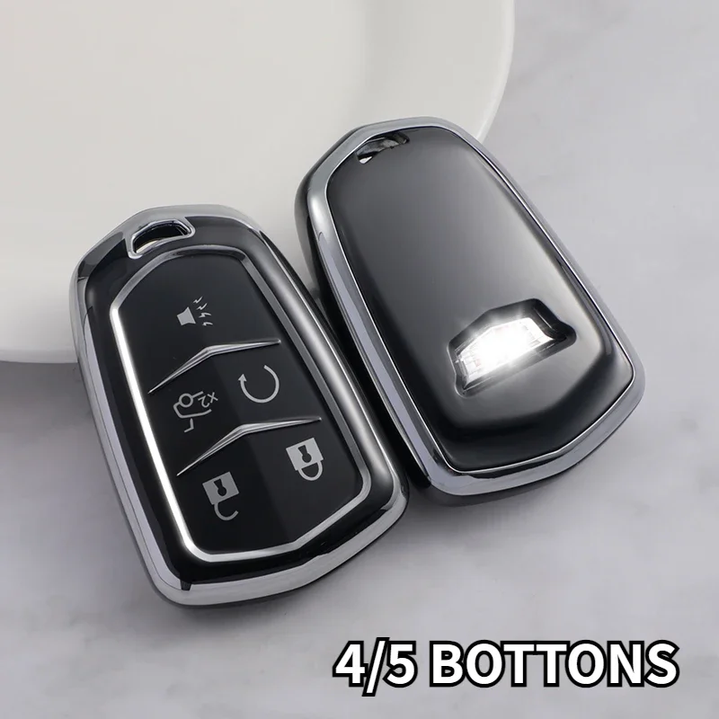 Silver Tpu Car Key Case Cover for Cadillac ATS CT6 CTS DTS XT5 Escalade ESV SRX STS XTS ELR 2014-2018 Remote Key Holder Keychain