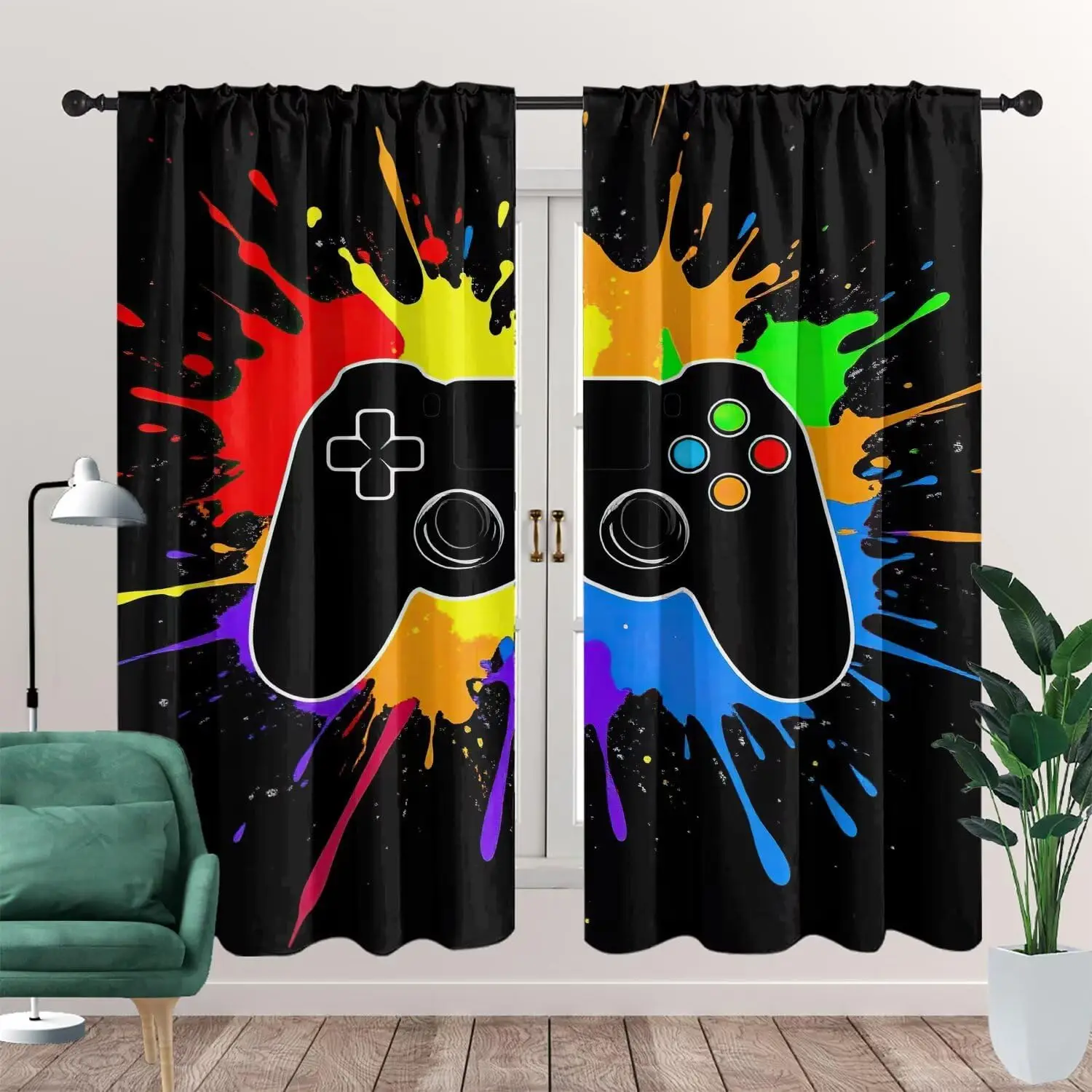 2 Panels Black Splash Ink Game Curtains Rainbow Color Splatter White Outline Gamepad Print Drapes Teen Boys Gaming Bedroom
