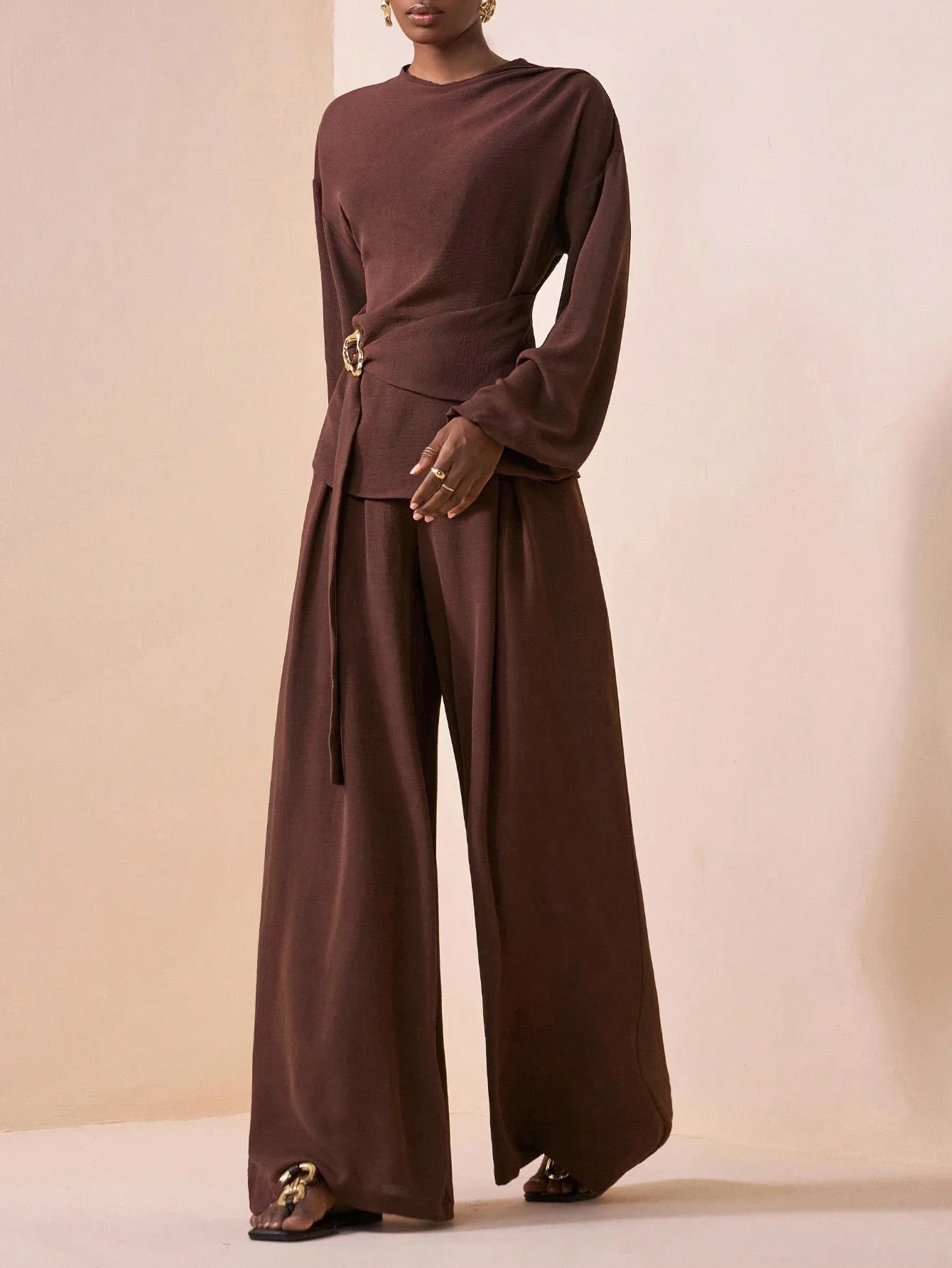 

Brown Long Sleeve Top With Waist Tie And Wide Leg Pants 2-Piece Set Casual Elegant Festival Outfit