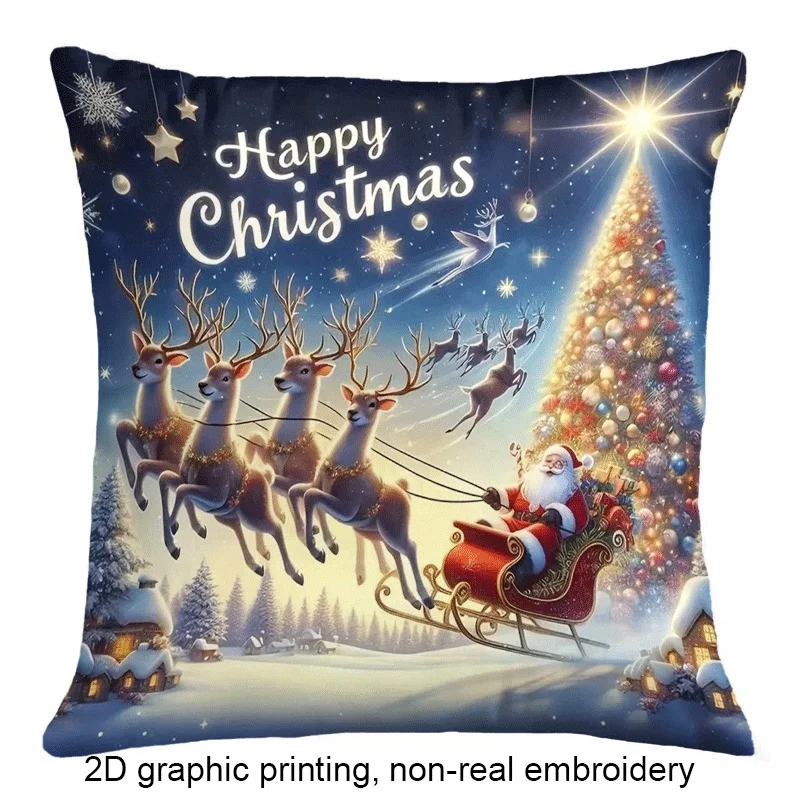 Happy Christmas Reindeer Sleigh Throw Pillow Cover for Sofa Xmas Holiday Decor 2D Graphic Printing