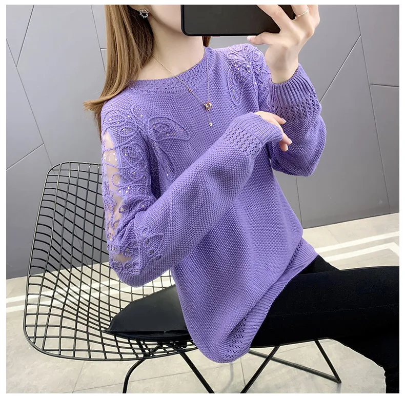 Hollow Out Knit Woman Sweater Spring Autumn New Lace Long Sleeve Pullovers Bottoming Womens Clothing O-neck Pull Femme Tops