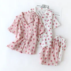 Japanese new style summer cotton short-sleeved shorts pajamas suit women double gauze cute strawberry thin home service women