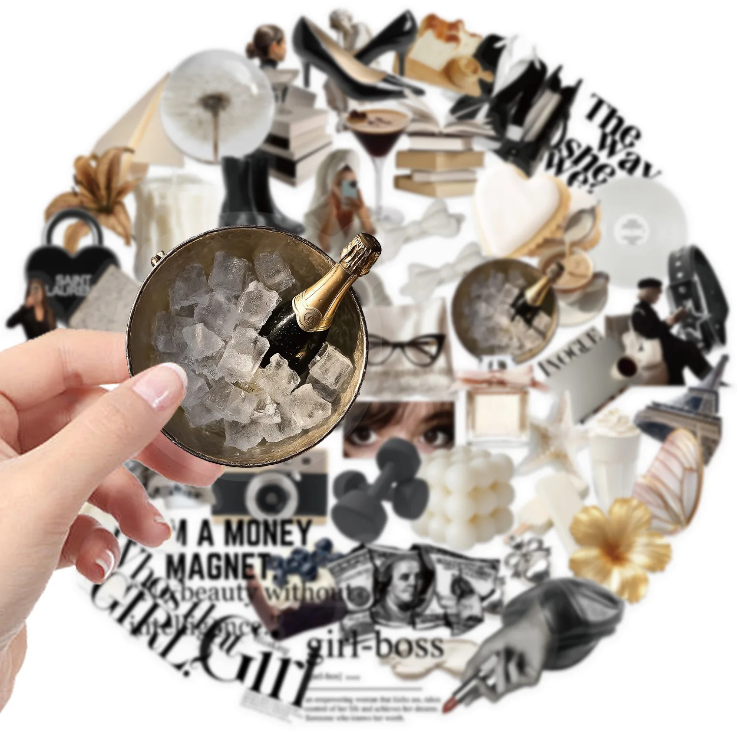 59 PCS Black White Clean Office Lady Mix Match Stickers Waterproof Transparent PET Decorate Makeup Box Laptop Guitar Decals