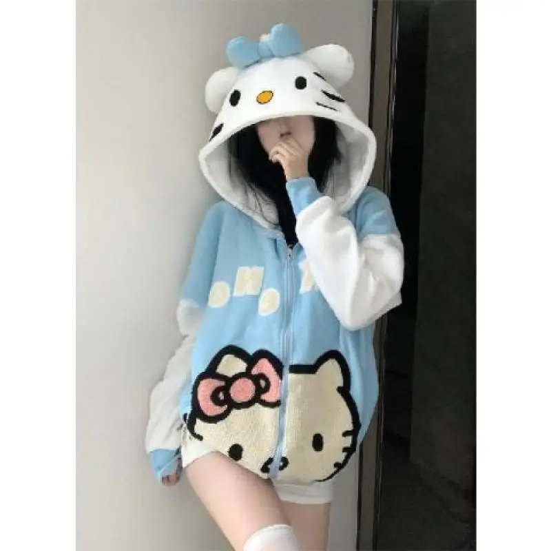 Cartoon Cute Hellokittys Anime Sweet Sherpa Hooded Sweatshirt Zipper Jacket Cartoon Cute Loose Warm Couple Fleece Sweater