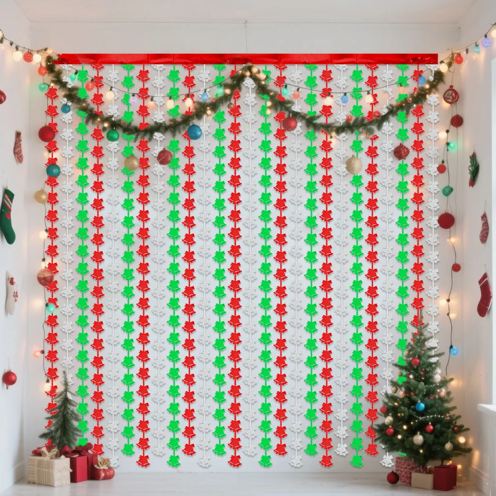 خلفية عيد الميلاد وستارة الباب - ستائر بهرج جرس جلجل متألقة - ديكور مهدب أحمر/فضي/أخضر