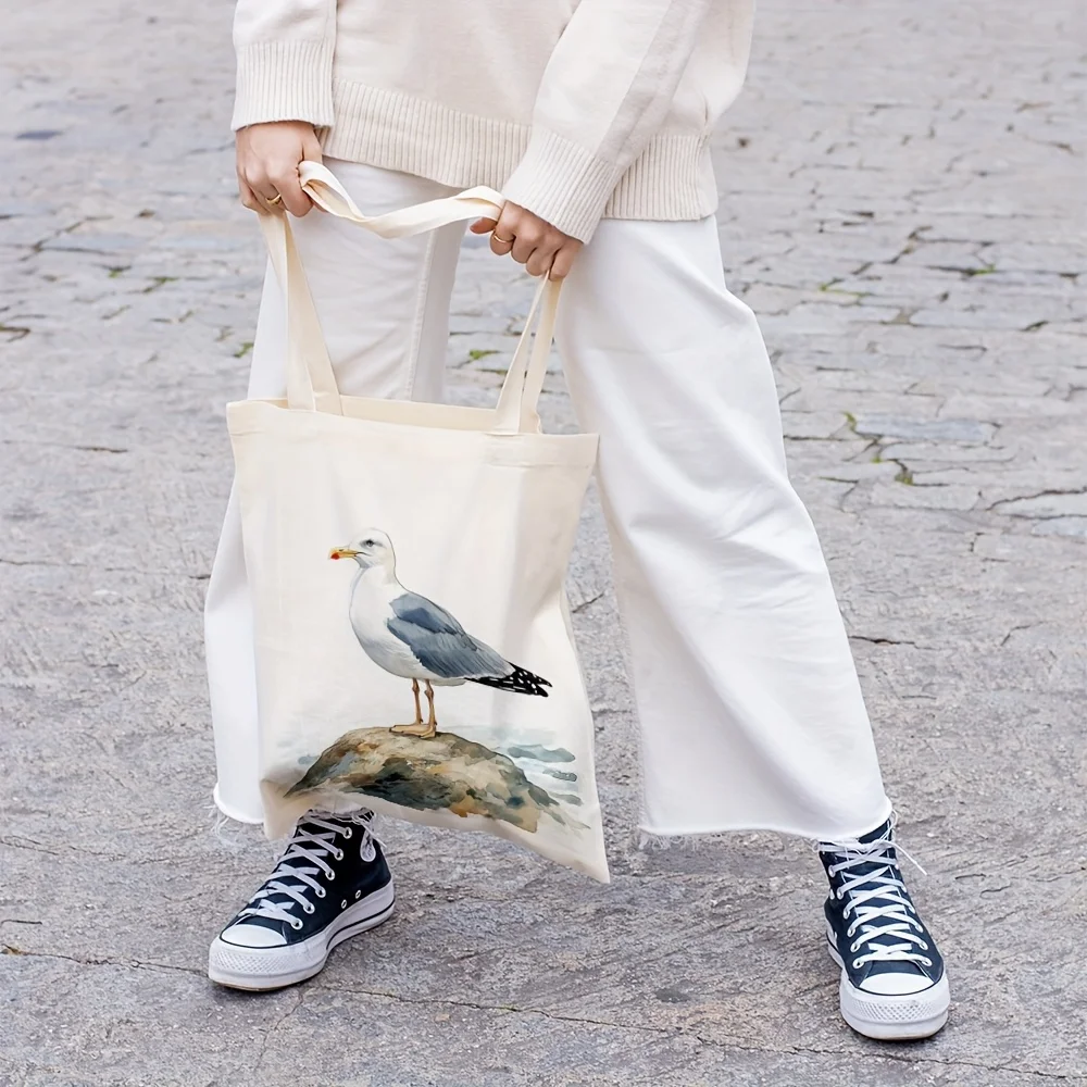Seagull Pattern Canvas Tote Bag - 35.05Cm X 40.13Cm Reusable Shopping Bag, Durable Shoulder Bag, Stylish Beach Travel Commuter T