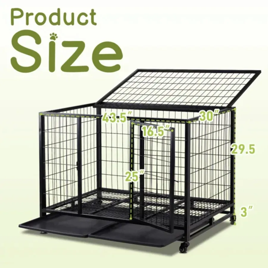 

42 Inch Heavy Duty Metal Dog Crate Cage Kennel for Medium to Large Dogs with Double Doors Lockable Wheels Removable Trays for I