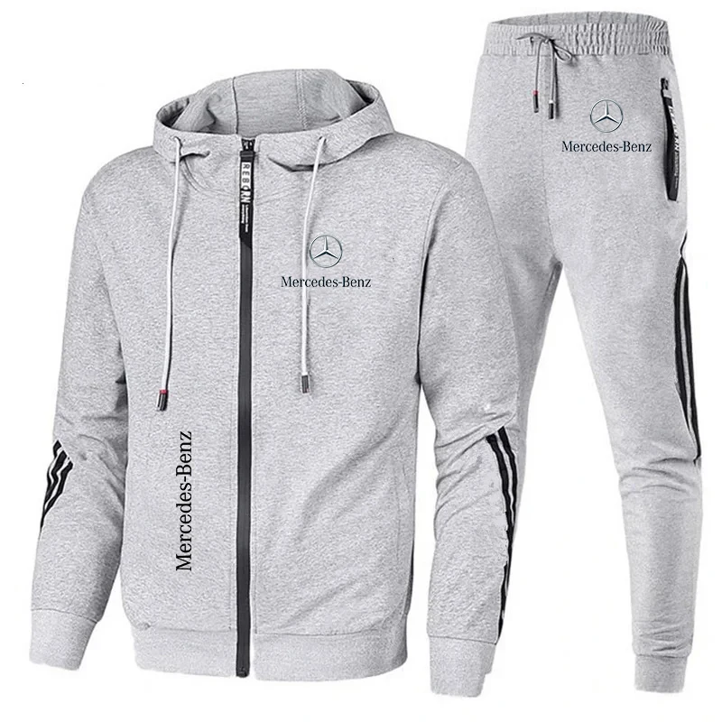 Trendy Men\'s Mercedes-Benz Tracksuit Sweat Suit Men Zip Hooded Sweatshirt+Pants 2 Piece Set Running Motorcycle Racing Sportswear