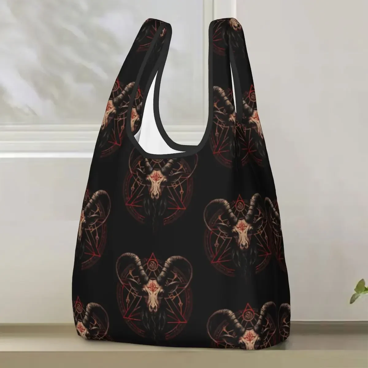 Occult Satanic Baphomet Goat In Pentagram Shopping Bag Portable Tote Bags Reusable Shoulder Shopper Bag Groceries Handbag