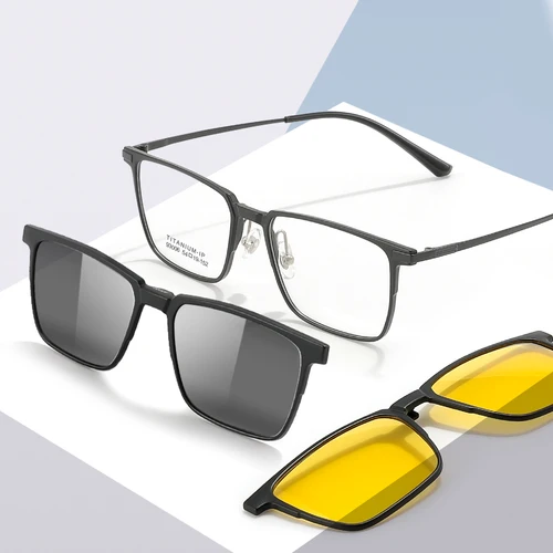 Gafas cuadradas 3 en 1 de titanio puro con borde completo para hombre, montura con Clip polarizado, gafas de sol y gafas de visión nocturna para mujer 93006
