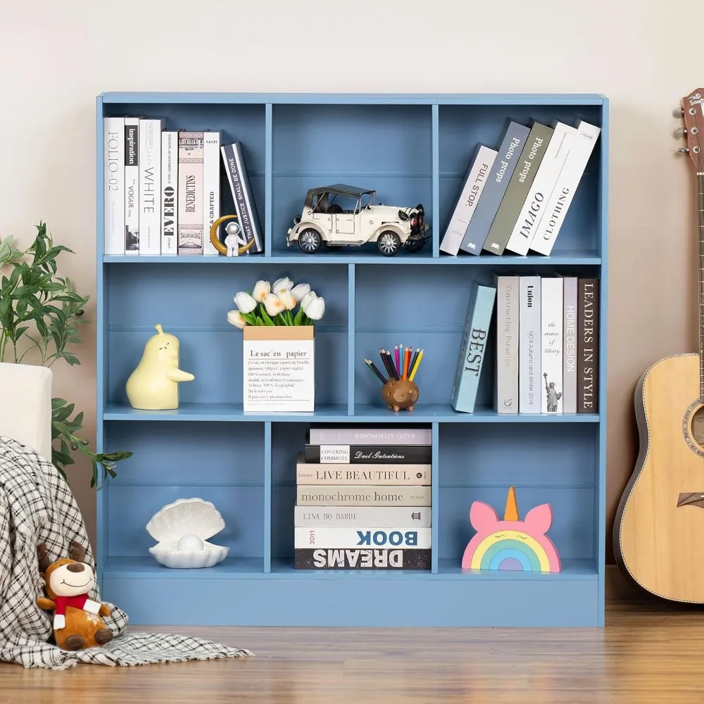 

Bookcases,3-layer 8-cube blue children's horizontal bookshelf, storage cabinet with base, floor standing modern style,Bookcases.