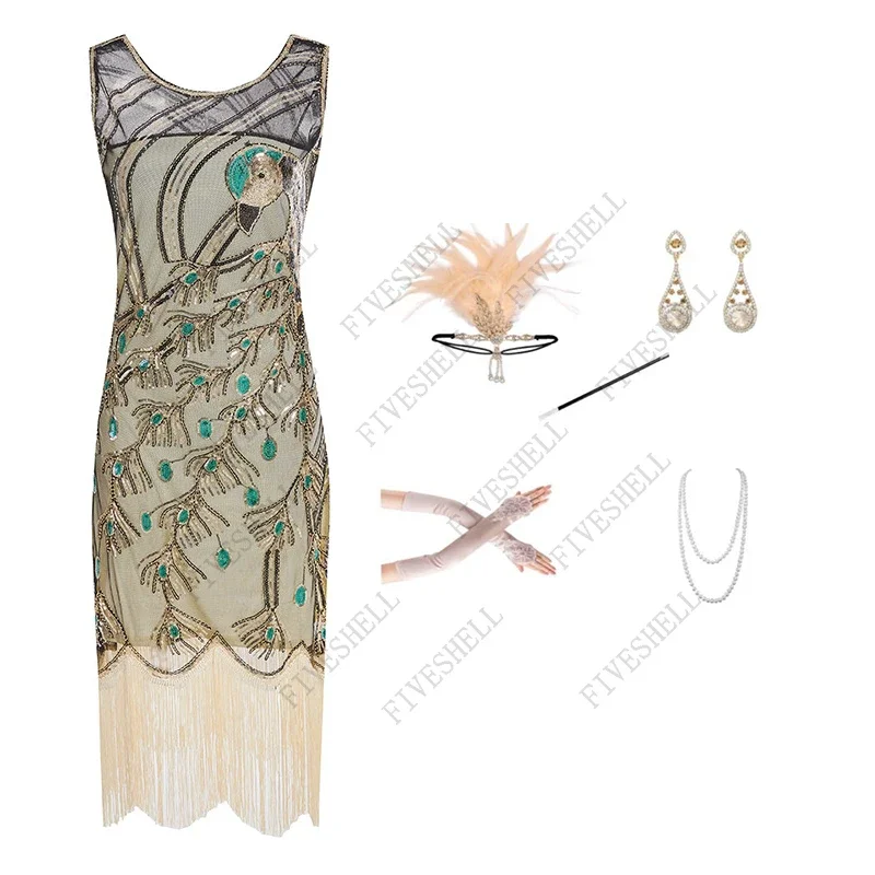 Halloween Cos 1920s Round Neck Sleeveless Peacock Dress Sequined Gauze Dress and Peacock Headpiece 20S 30S Cosplay Accessory Set