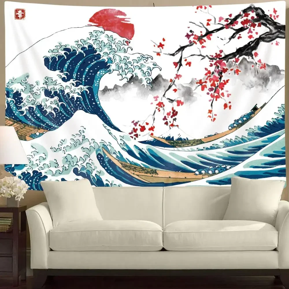 Great Sea Wave Tapestry Asian Anime Mount Red Sun Cherry Blossom Tapestry Home Living Room Bedroom Wall Modern Art Tapestries