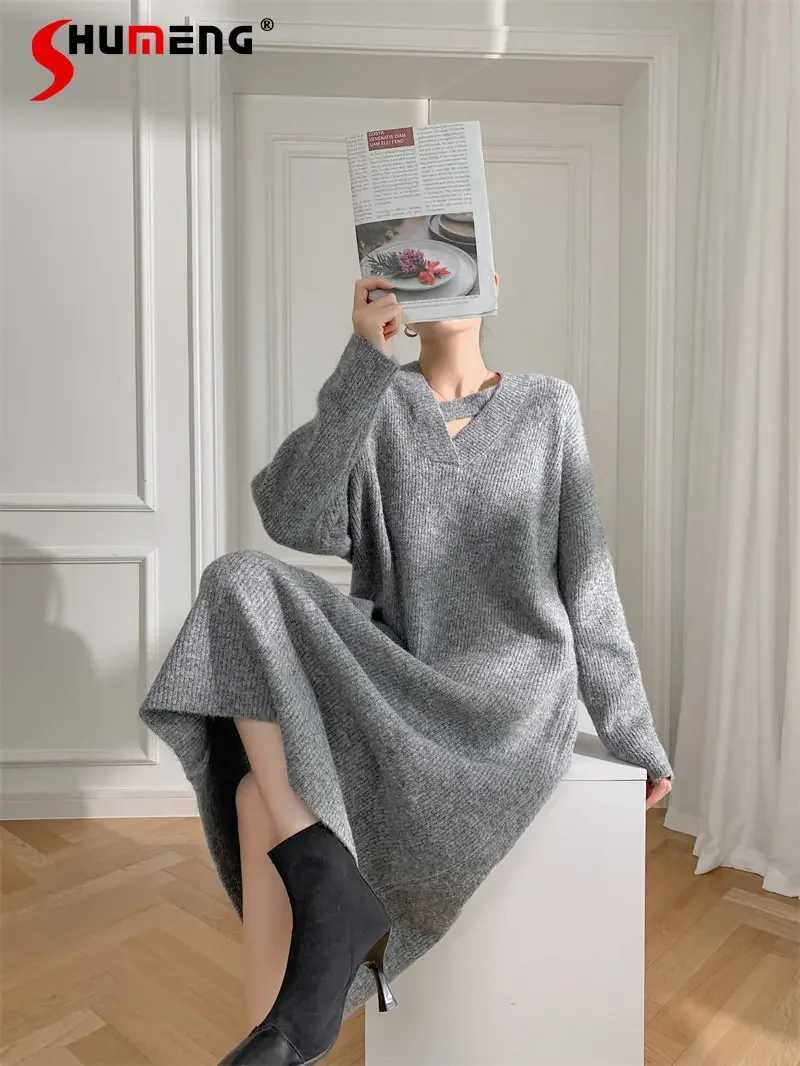 

Temperament V-neck Hollow Wool Sweater Dress Women Temperament Idle Style Loose Casual Fashion Simple Long Knitted Sweater Dress