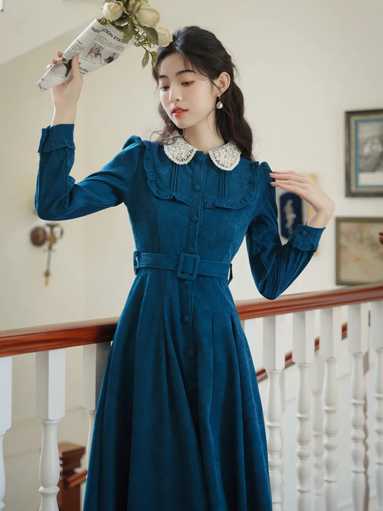 Vintage Woman Blue Corduroy Dress Retro French Style Lace Peter Pan Collar Loose Casual Lady Dresses With Belt Vestido Festa
