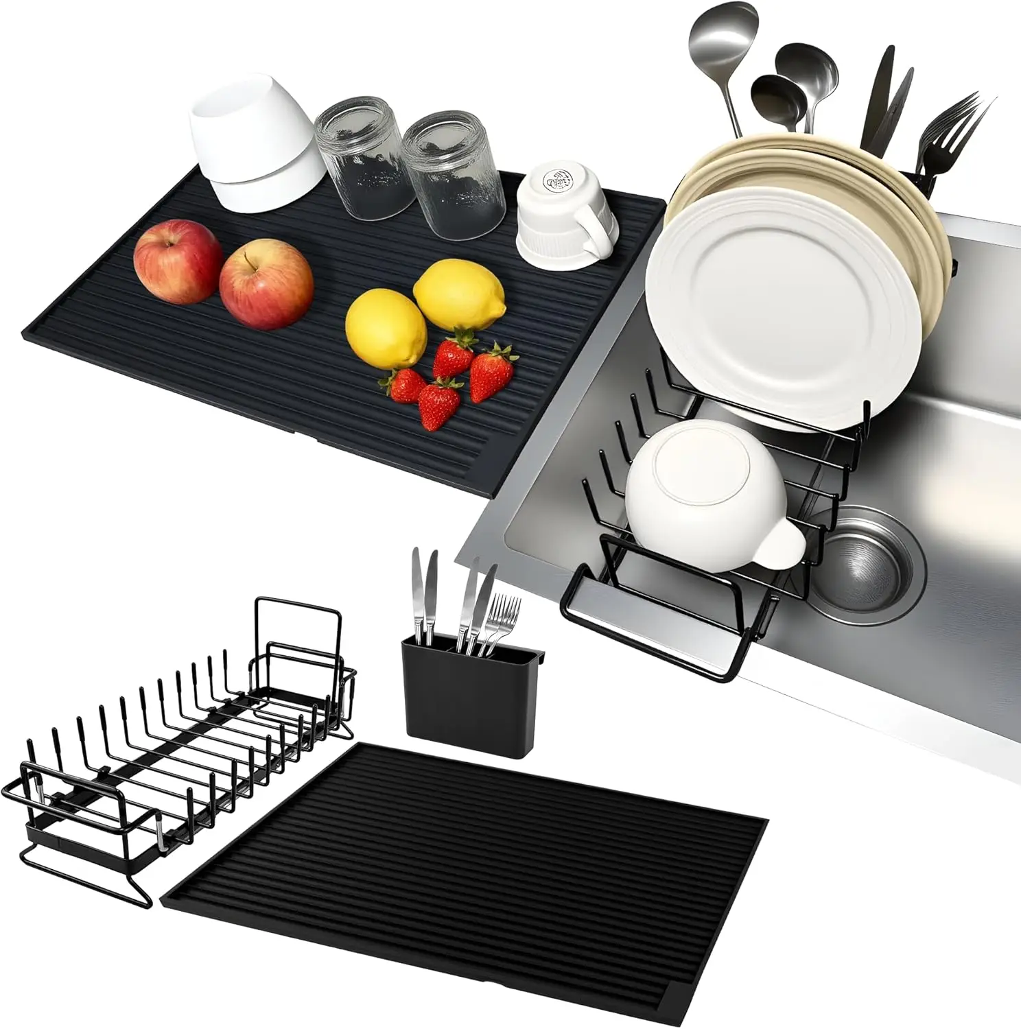 

Dish Drying Rack, Stainless Steel Expandable in Sink & Countertop, Space Saving with Silicone Mat and Drying Rack for Kitchen