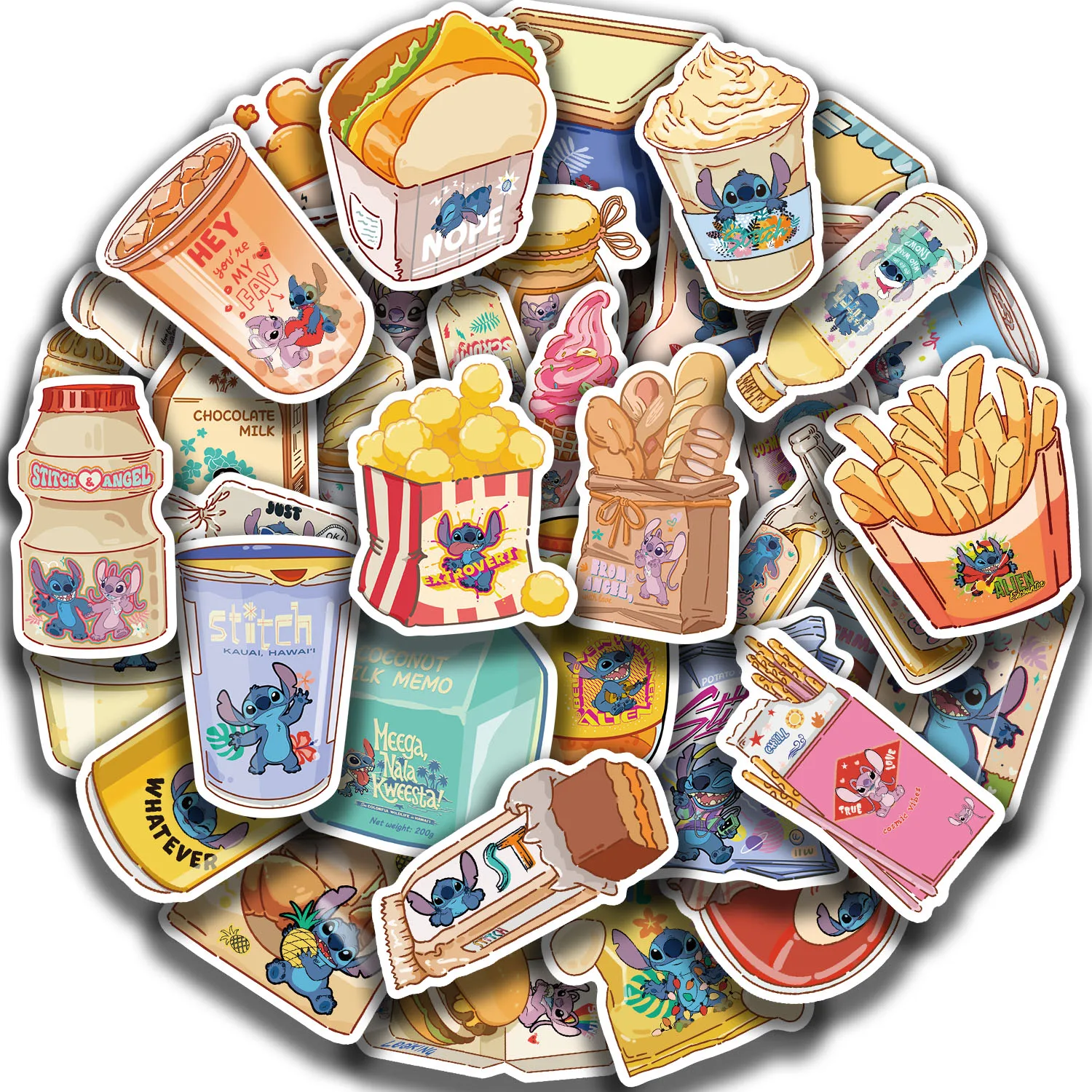 40 pezzi Disney Stitch Snack adesivi alimentari simpatico graffiti fai da te skateboard cassa del telefono moto decalcomania impermeabile giocattolo anime