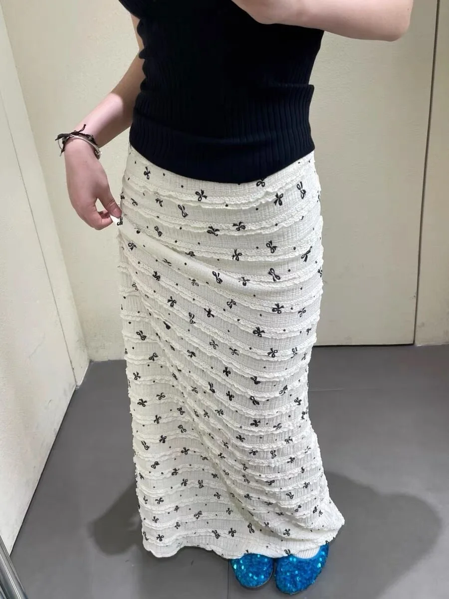 Summer Thin Fish Tail Long Skirt Women's Floral Lace Print Half-length Bodycon Knot Mid-waist A-line Korean Style