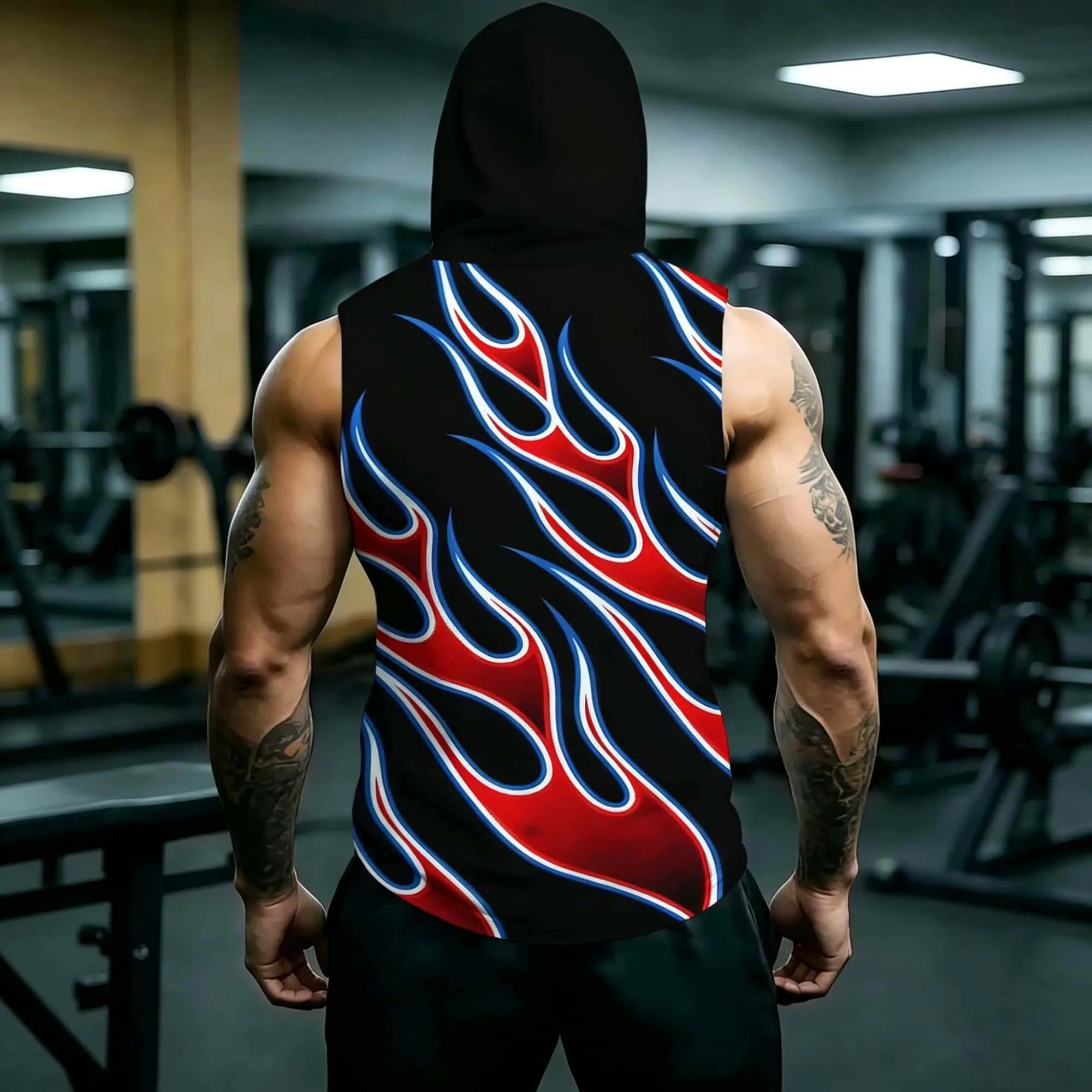 Summer Men Red Blue Flame Graphic Sleeveless Hoodie Quick Dry Fitness Tank Top Bodybuilding Training Street Sport Vest