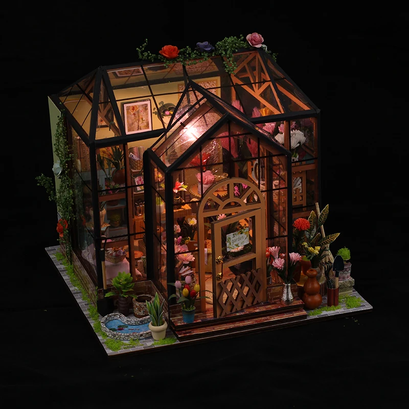 DIY ไม้ Miniature Model Kit Jenny Greenhouse Casa บ้านตุ๊กตา 3D ปริศนาตุ๊กตาพร้อมไฟเฟอร์นิเจอร์สําหรับของขวัญเพื่อน