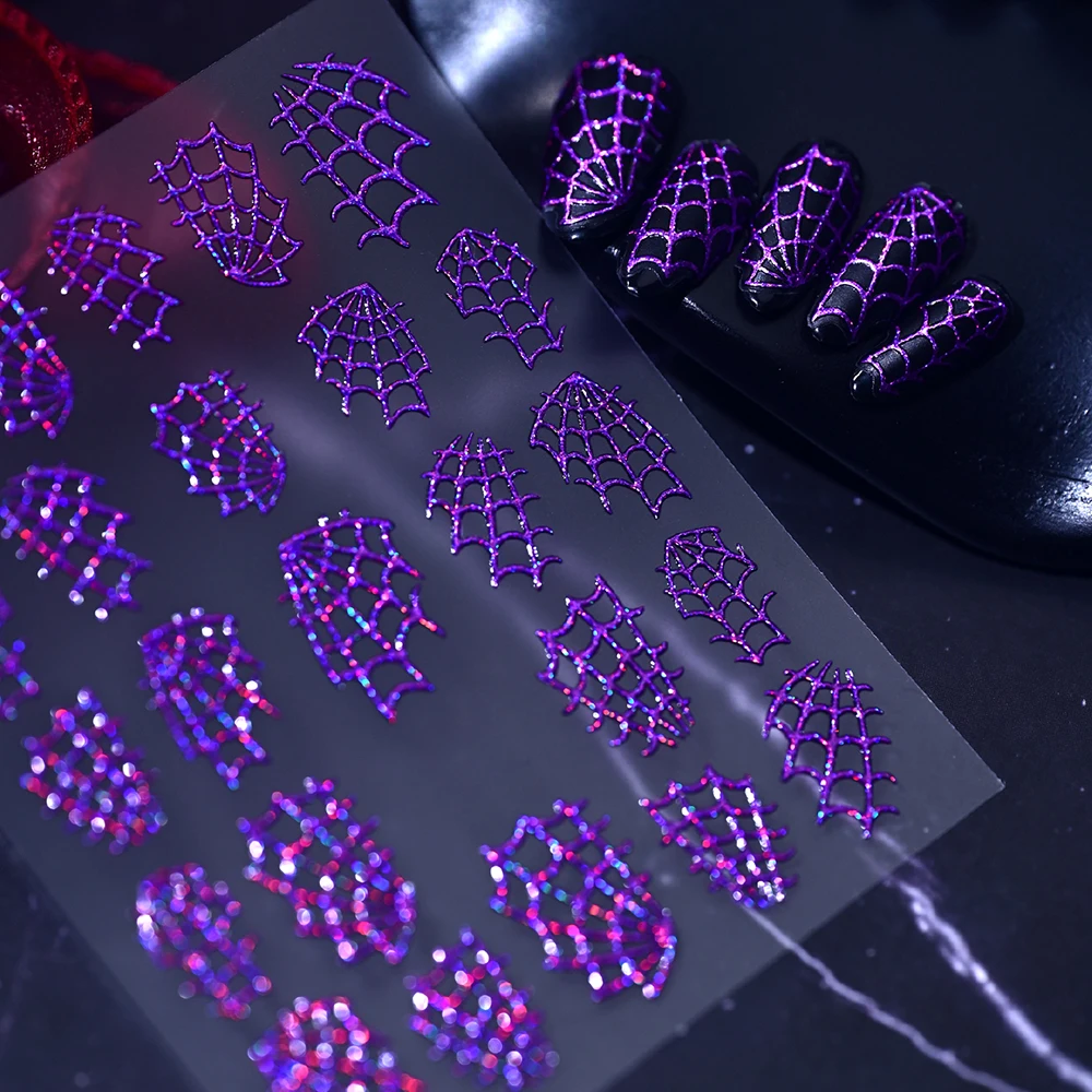 1 Blatt 3D Holographische Glitzer-Spinnennetz-Nagelaufkleber Halloween Glänzende Laser-Spinnennetz-Nagelsticker Selbstklebende Nageldekoration – Detail 7