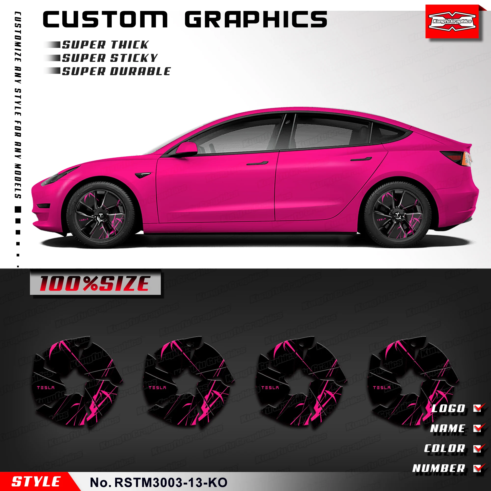 KUNGFU GRAPHICS Glossy Rim Sticker Tire Decal Vinyl Kit for Tesla Model 3, Pink Black Blue Red Multi Colors