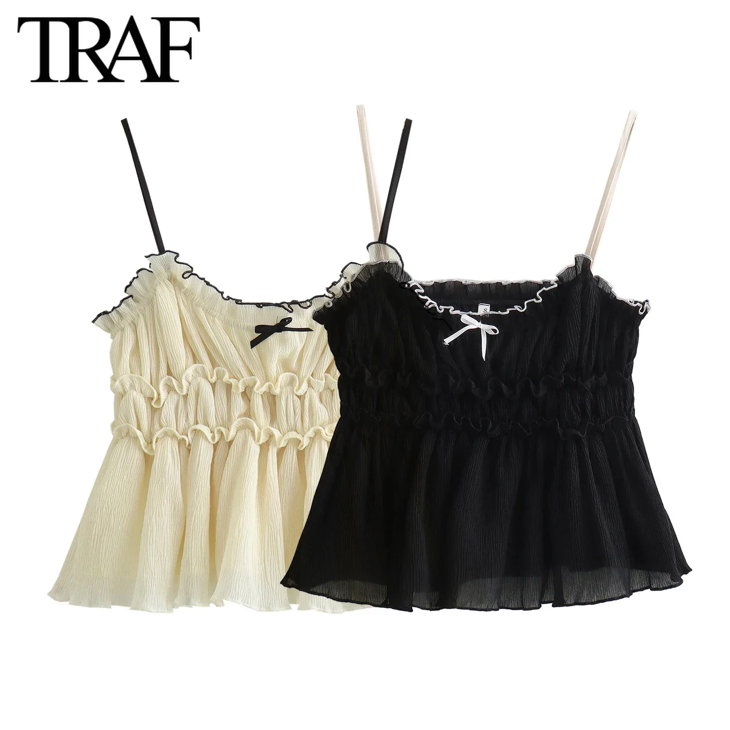 TRAF Women Fashion Summer Bow Pleat Backless Sling Top Blouse Street Clothing Vest Tank Chic Ladies Crop Tops Mujer