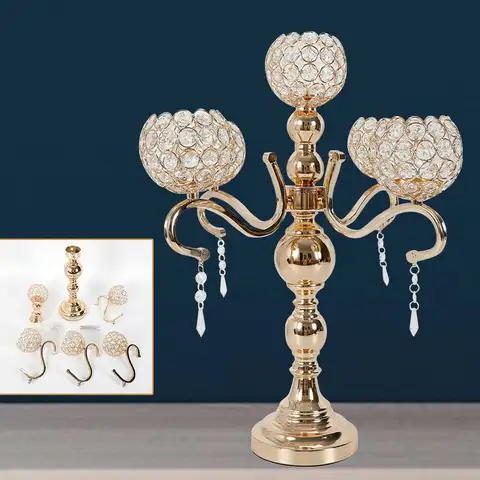 Candelabro Moderno de Cristal de 5 Brazos, Centro de Mesa Dorado de 50 cm de Alto para Mesa de Comedor, Elegante Decoración de Mesa de Hierro y Cristal