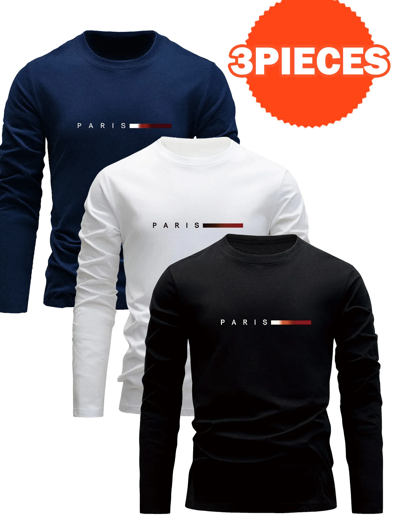 

3-Pack Men's Casual Crew Neck Long Sleeve T-Shirts - Knit Slight Basic Style with Paris Print Design Stretch Tops Streetwear Clo