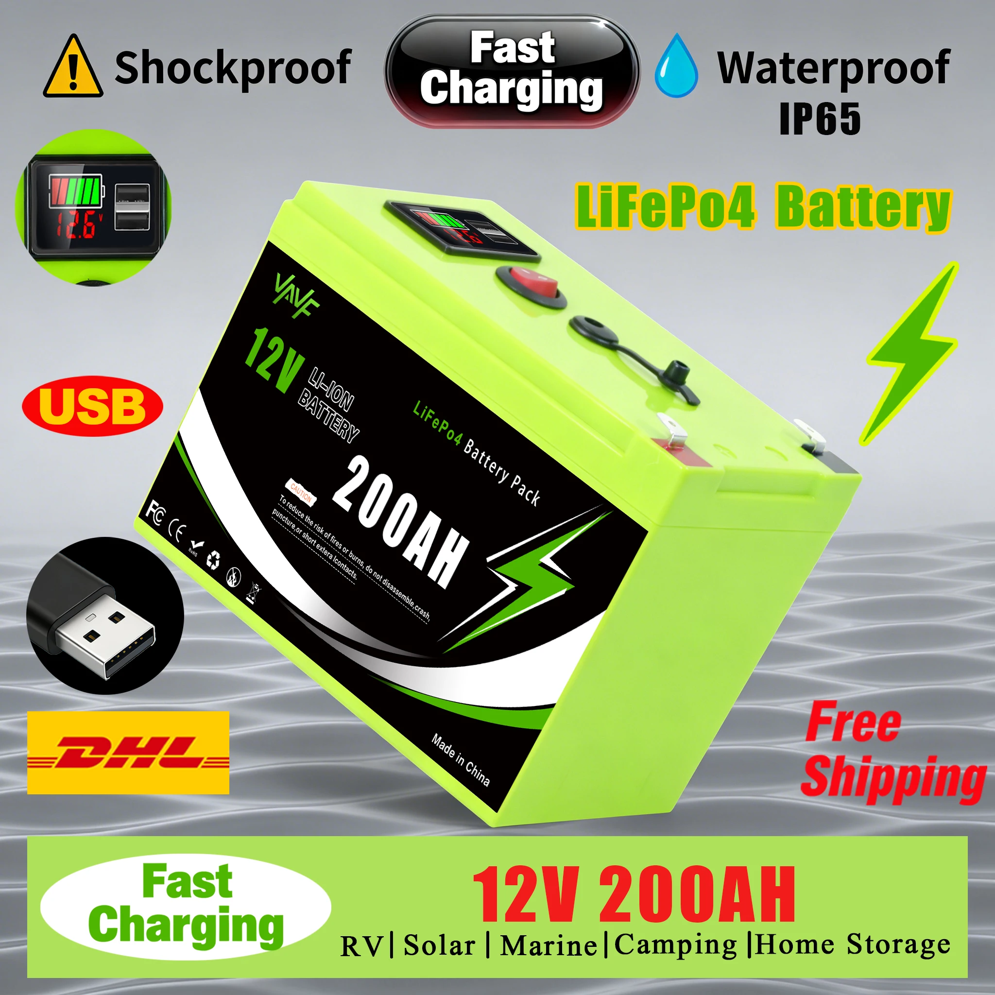 

☀️ Аккумулятор LiFePO4 высокой емкости 12 В, 200000 мАч со встроенным разрешением BMS для солнечных панелей Автодоры, яхты и резервное питание