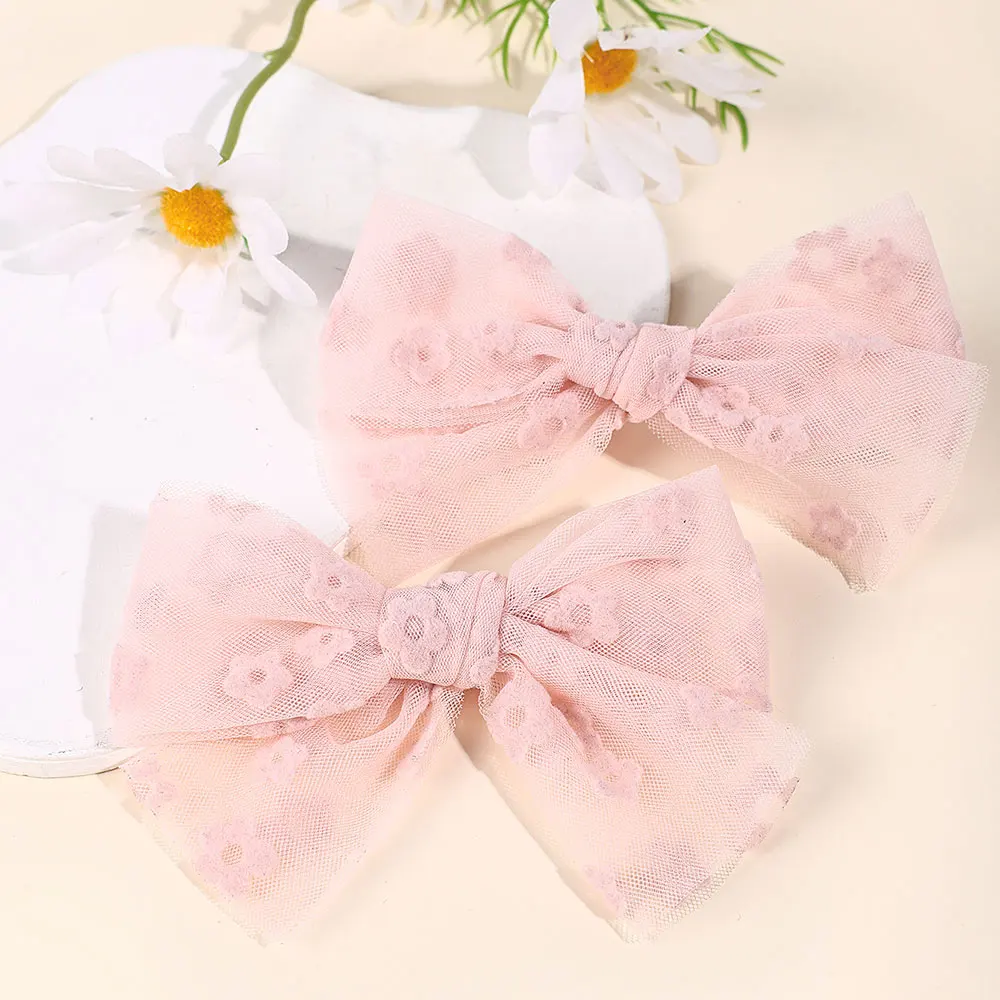 2Pcs White Lace Bow Hair Clip Sweet Floral Embroidery Hairpin Hair Styling Spring Clamp Gauze Barrettes Girls Hair Accessories